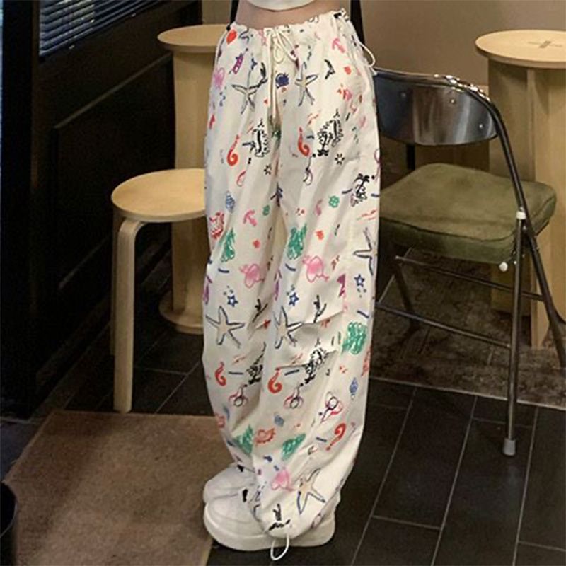 夏季高腰顯瘦美式復古hiphop趣味塗鴉滿印工裝褲子女寬鬆束腳長褲