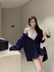 Real shot of retro lace splicing pure lust lazy loose fake two-piece shirt + lace vest for women