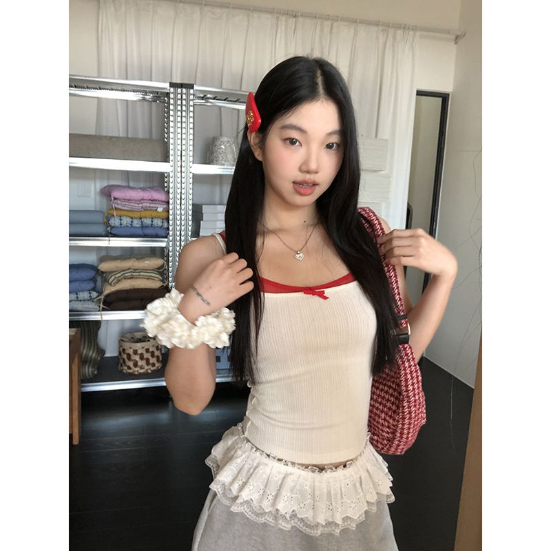 Women's cotton jacquard suspender vest for spring, white hottie sexy short beautiful back fake two-piece sleeveless top