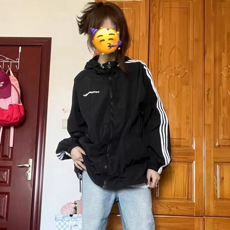 戶外連帽寬鬆印花防曬服女夏季薄款學院風情侶休閒連帽外套