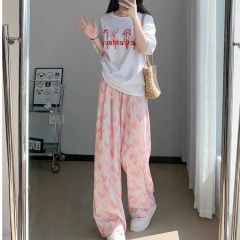 粉色愛心冰絲山本褲女夏季薄款新款休閒小個子高腰垂感闊腿褲