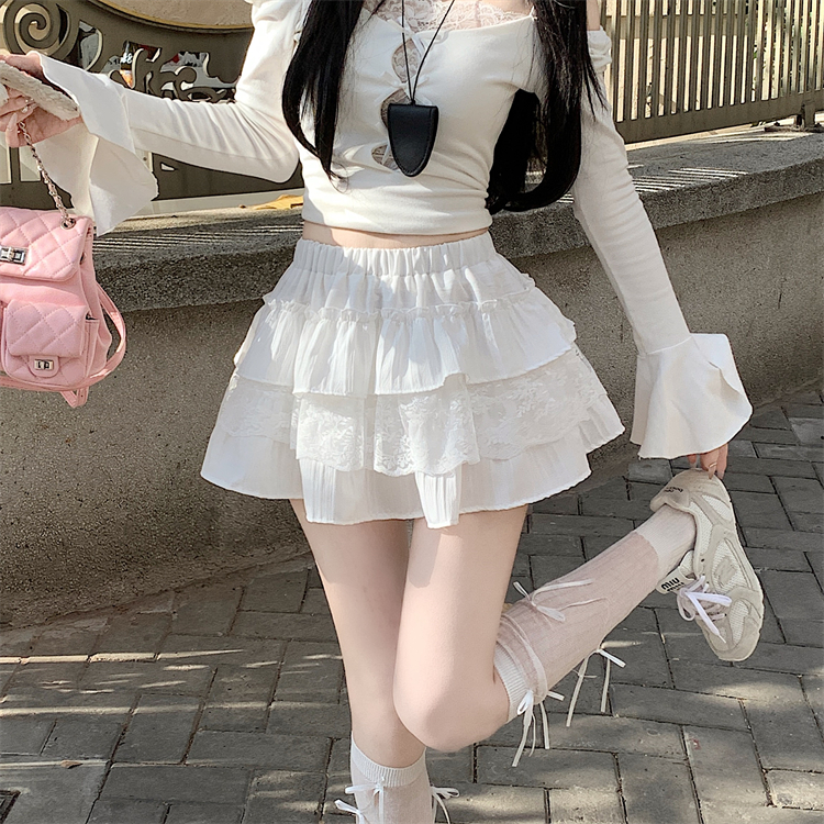 Real shot~White lace cake skirt for women new style ballet style small high waist A-line puffy skirt