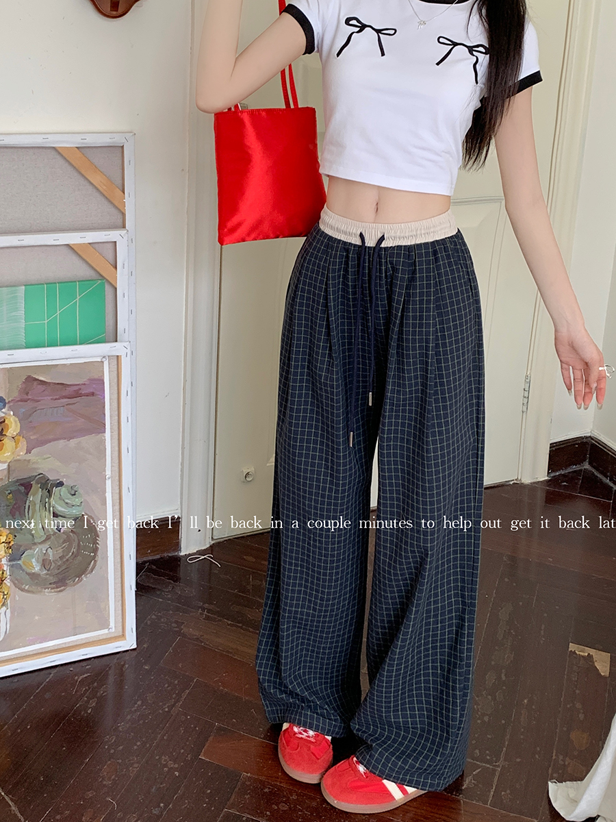 Real photo contrasting waist plaid trousers 2025 spring American thin straight sports and casual wide-leg pants summer