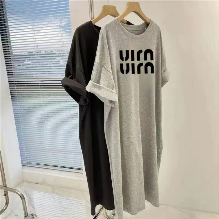 South Korea's foreign trade summer loose fat MM large size printed slit summer T-shirt dress long over-the-knee women's skirt