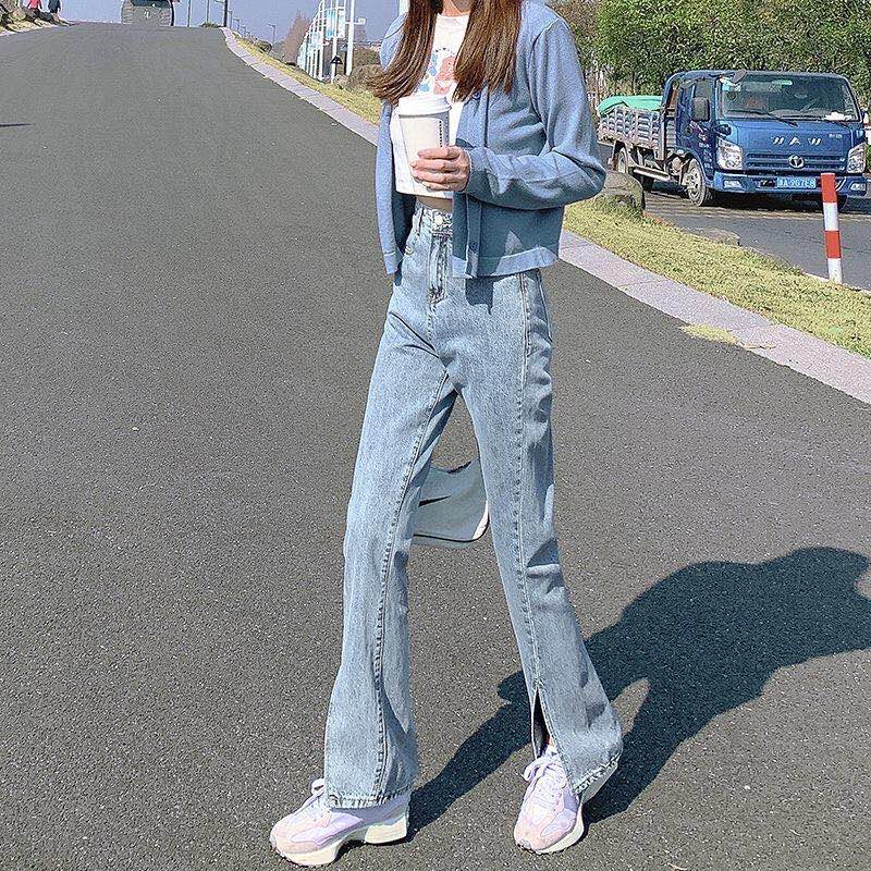2025新款開叉闊腿牛仔褲女直筒寬鬆高腰春夏新款垂感分叉拖地褲