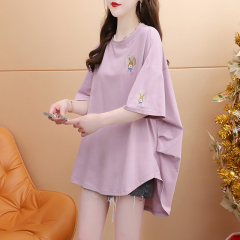 6535棉設計感前短後長2025夏季兔子圖章刺繡圓領T恤女