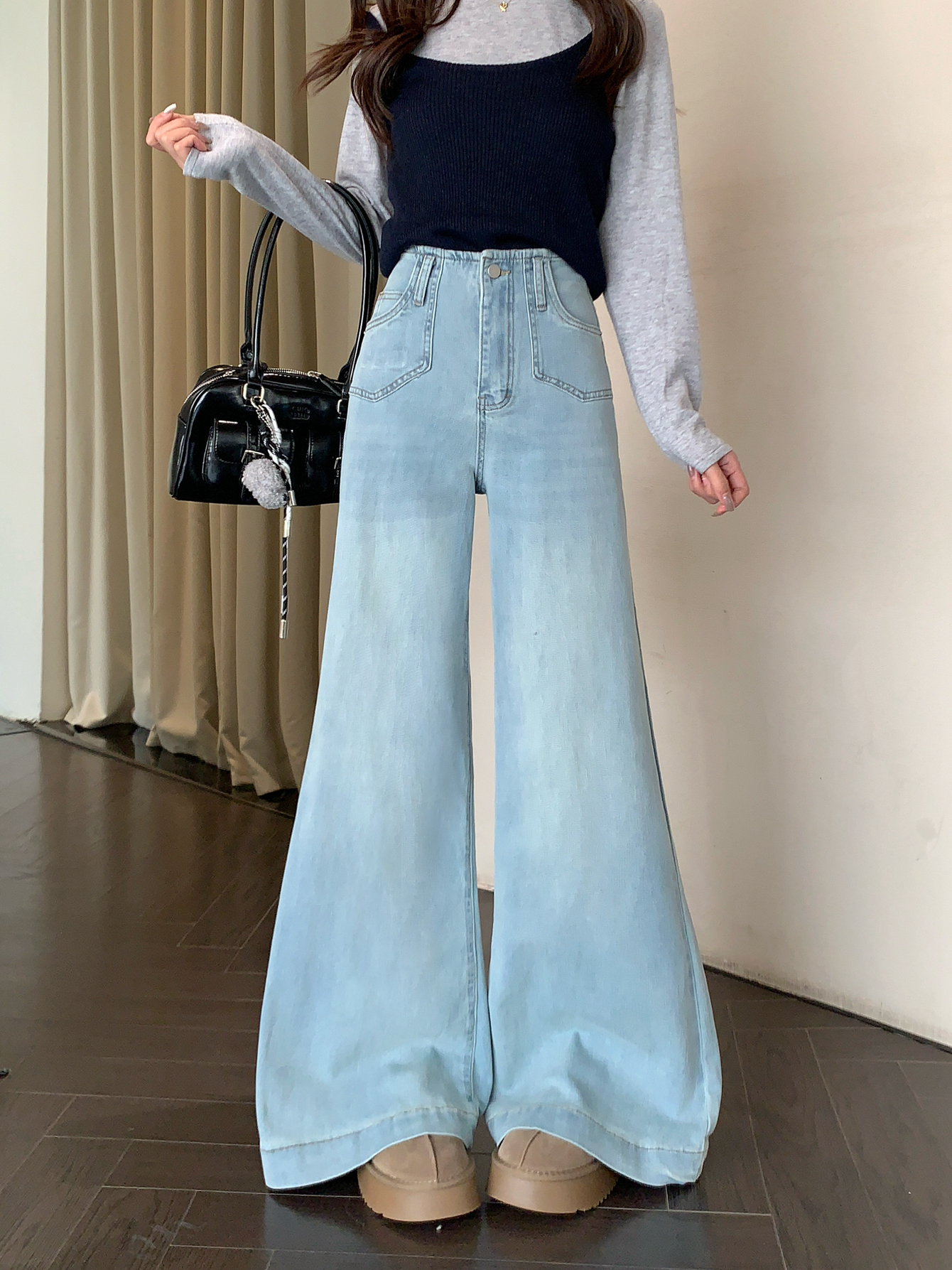 Real shot #New elastic jeans trousers for women with a micro-flare wide-leg big trousers and feet floor trousers