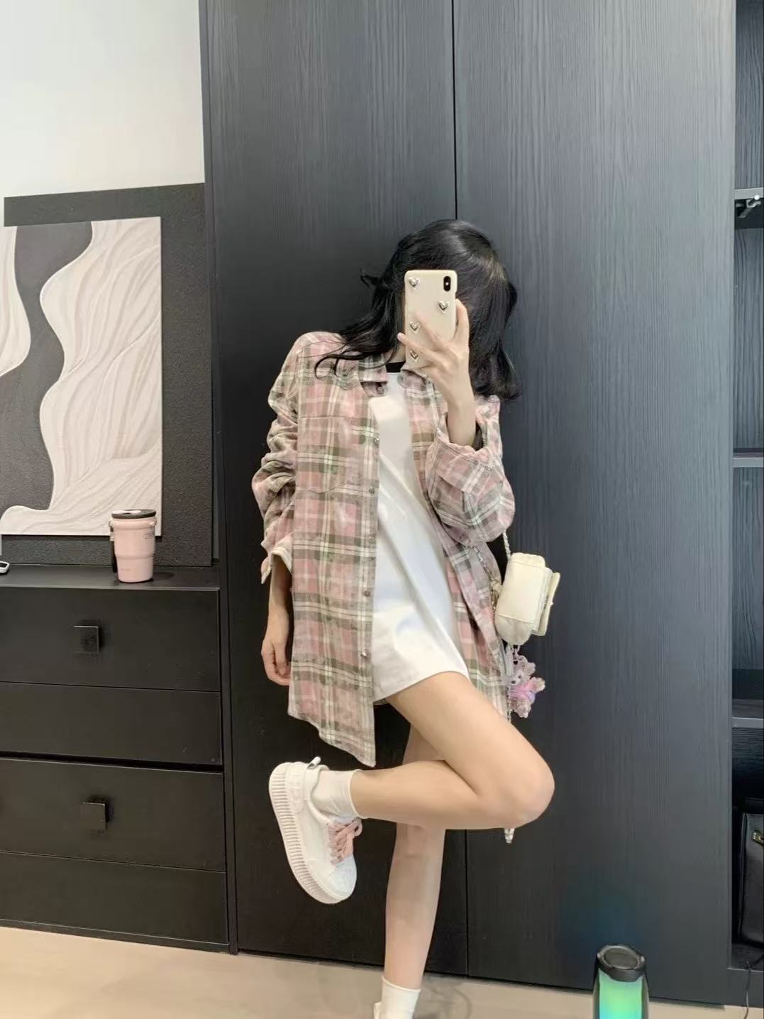 粉色撞色藝術感格子襯衫外套女春秋季設計感小眾做舊情侶襯衣
