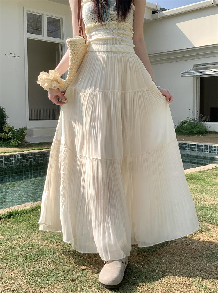 Real shot~ Rain mist wisteria pleated skirt for women with gentle style purple new loose big hem skirt A-line long skirt