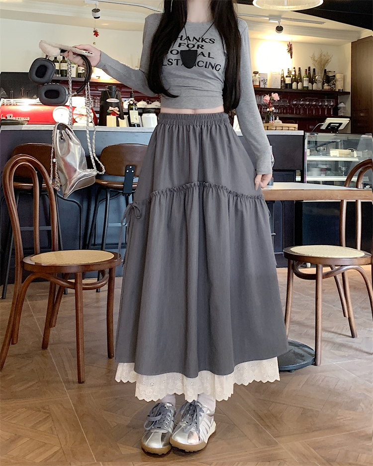 Real shot~Flexible waist, earrings, lace spliced ​​skirt for women's new high-waisted slim A-line suit long skirt