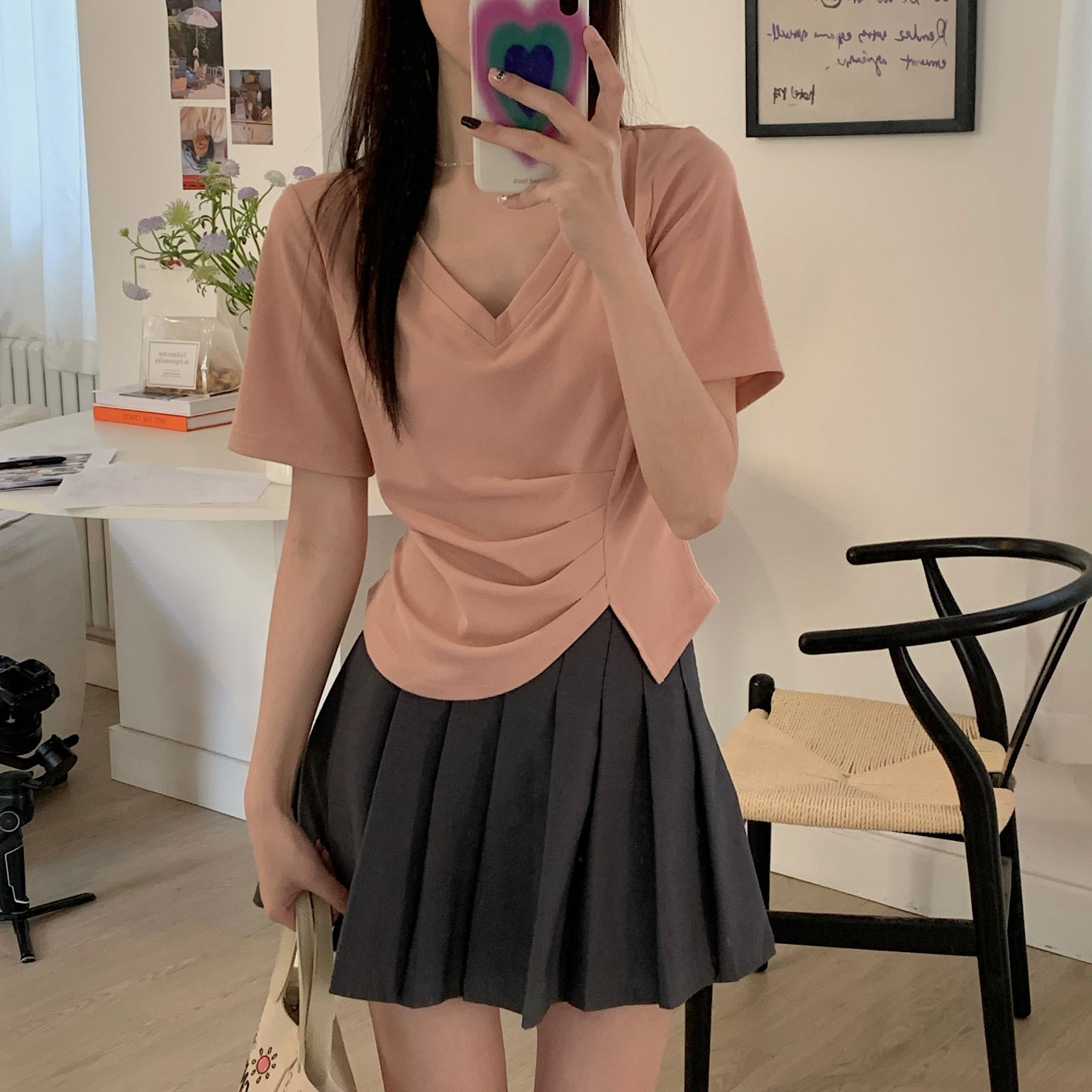 原版外貿韓版正肩短袖t恤女設計感小眾夏季新款不規則短款上衣