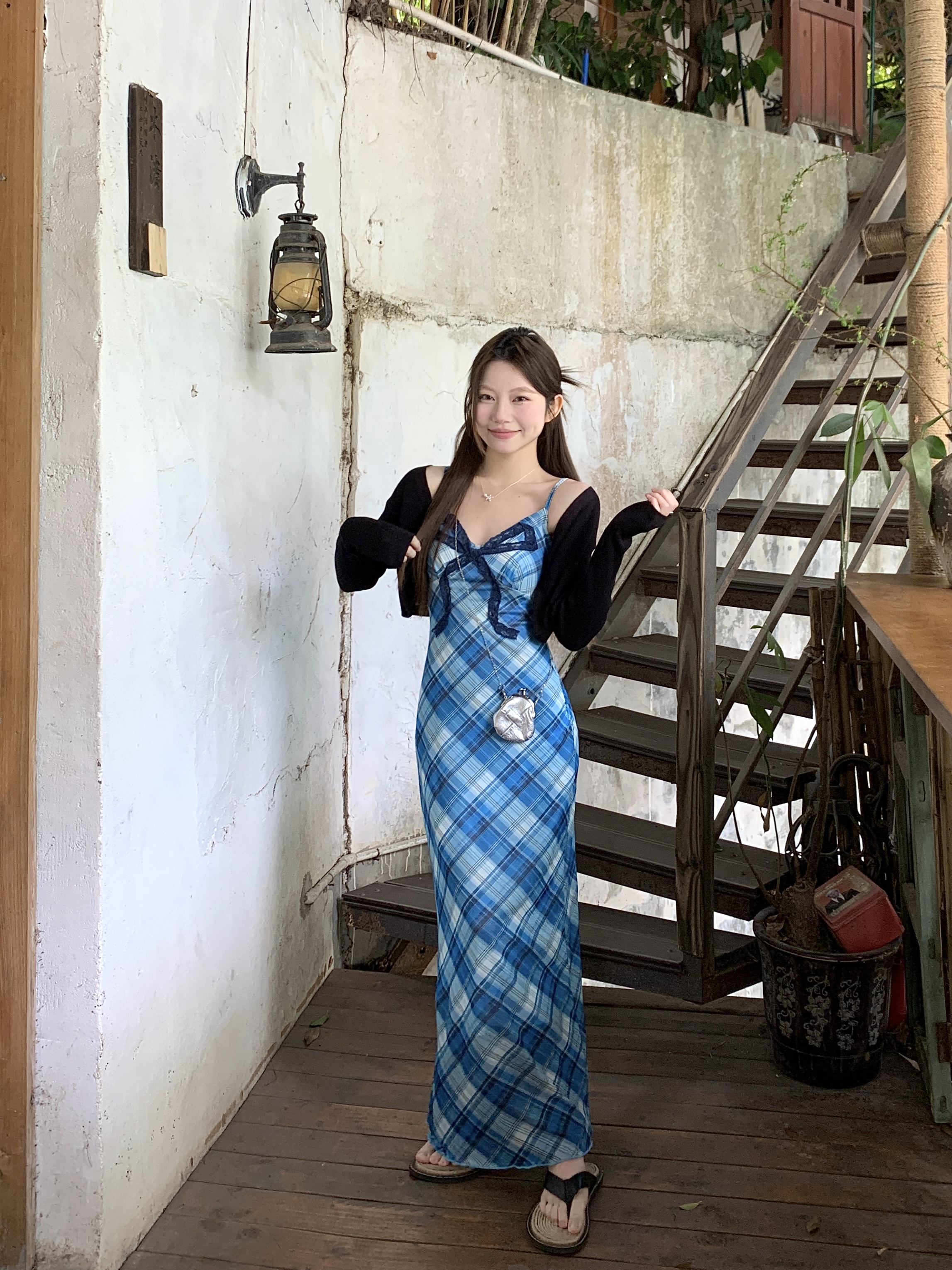 Real shot 2025 sexy pure bow dress plaid slim slim long skirt hip skirt women