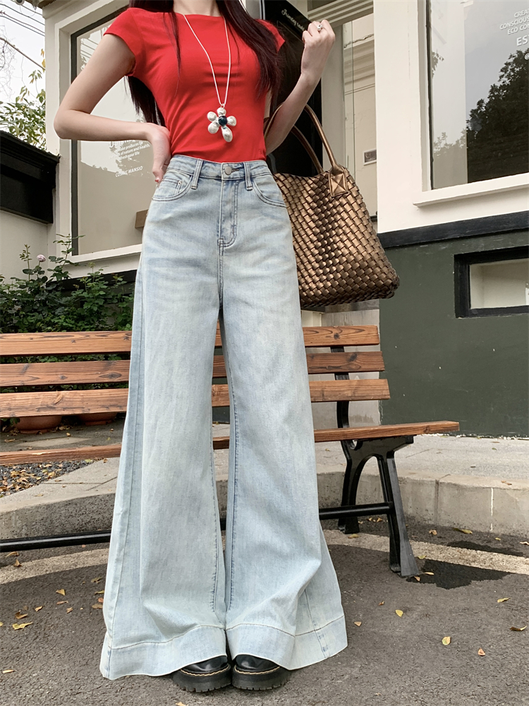 Real photo ~Style of light-flat jeans for women with high waist loose elastic wide-leg floor trousers draped straight-leg pants