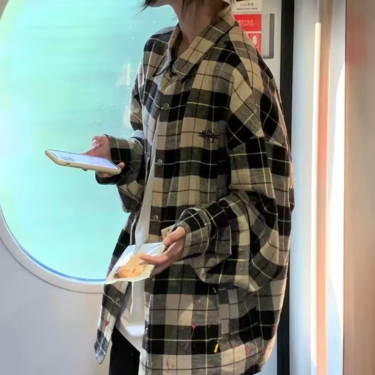美式慵懶風長袖襯衫女刺繡寬鬆休閒格子防曬襯衣高級感外套上衣潮