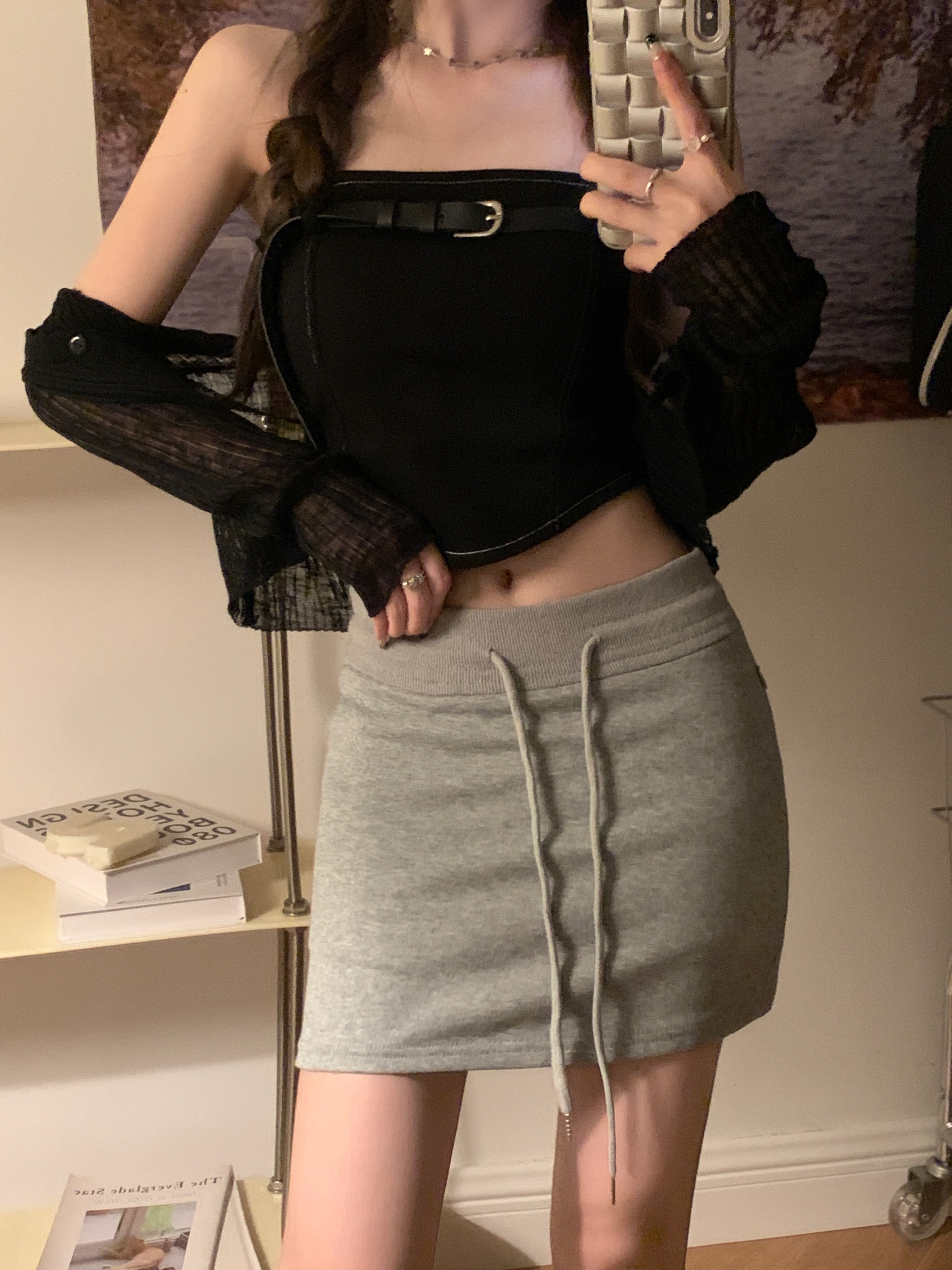 Real shot Sweet hot girl drawstring sports skirt in summer new girl high waist versatile hip A-line skirt