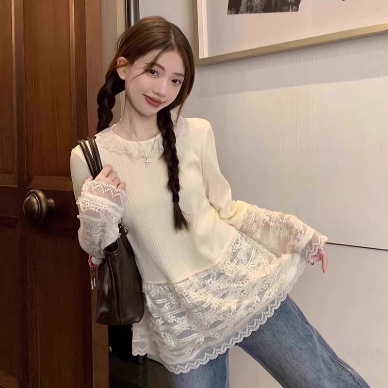 Sweet girl lace base shirt for women in autumn long-sleeved niche design sense splicing hem top