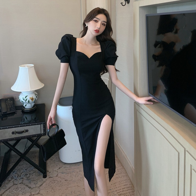 法式小眾過膝長裙女夏季泡泡袖裙子氣質修身顯瘦高開叉性感連衣裙