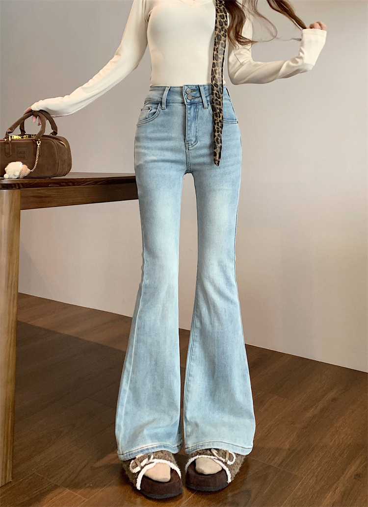 Real shot ~Spring micro-flare jeans for women's new high-waisted slim and stretchy floor trousers