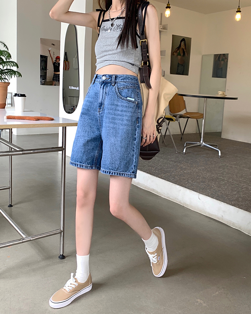 Real shot 2025 new cool street style loose denim shorts five-quarter pants wide-leg pants