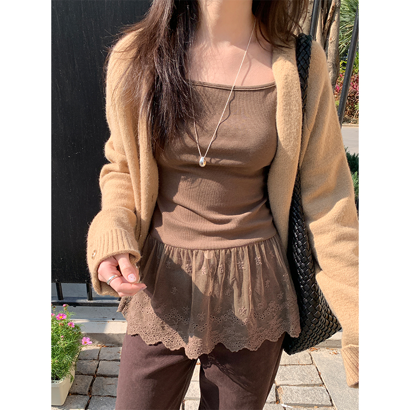 Real-life photography spring and summer embroidered tulle hem lace splicing skirt layered bottom shirt slim suspender vest for women