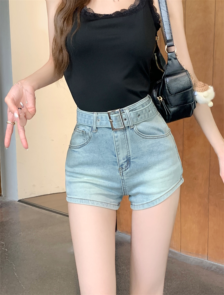 Real shot ~ American hot girl wash belt denim shorts women's high waist A-line tight hip straight hot pants