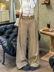 Real shot of plaid spliced ​​wide-leg pants for women, draped loose high-waist pants 2025 casual pants floor trousers