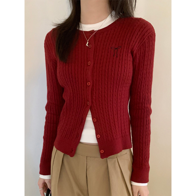 Real photo of early spring classic versatile twist sweater cardigan women bow embroidered soft glutinous short sweater jacket