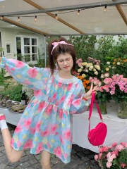 Original!  Real shot Sweet heavy industry lace lace pleated floral loose doll long-sleeved dress