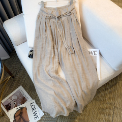 Lazy style drooping ice silk cotton bow tie pleated wide-leg long skirt pants for women summer pleated casual pants