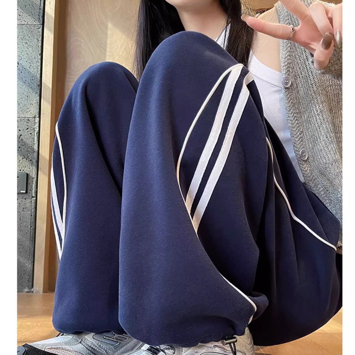 3D Waistband Spring 2025 New Petite High-Waist Straight Leg Wide Leg Striped Loose Casual Bootcut Pants