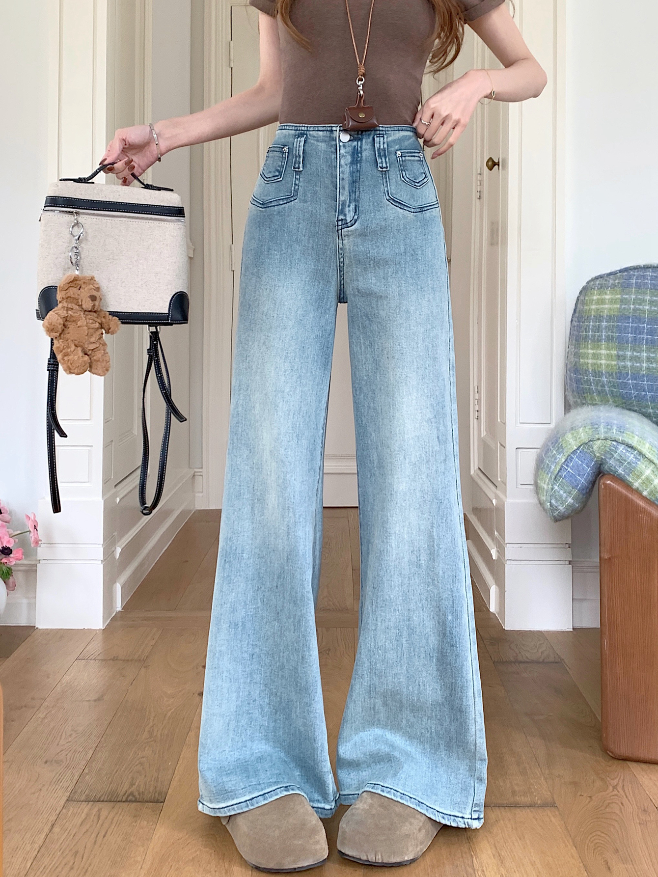 Real shot #high waist straight jeans for women with retro wash waist design wide-leg floor trousers