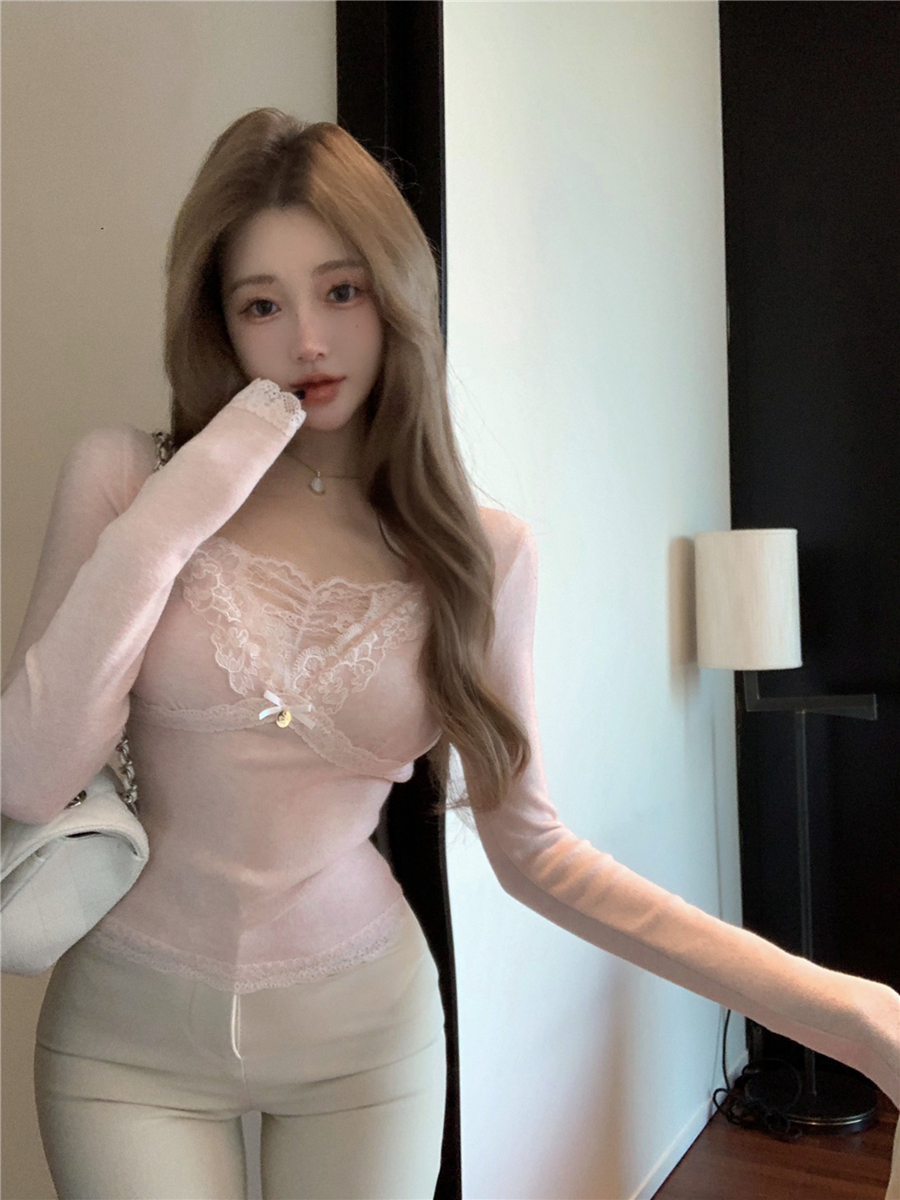 Real shot of retro sexy lace spliced ​​long sleeve knitted T-shirt slim fit and slim inner top for women