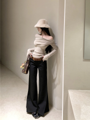 Real shot of retro sexy Christmas red folded long-sleeved bottoming shirt for women with T-shirt and off-shoulder top