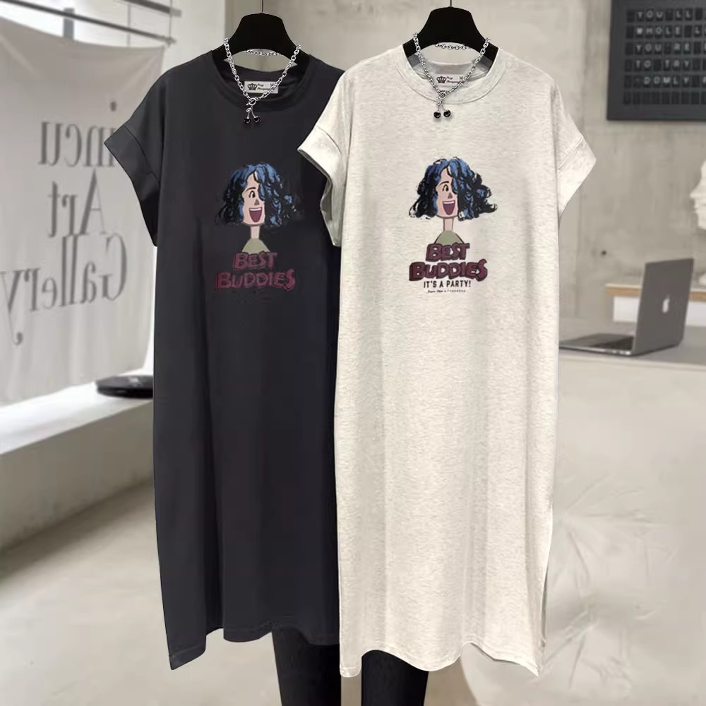 Korean foreign trade short-sleeved women's hip slit loose Korean version fat MM large size women's summer over-knee lazy T-shirt
