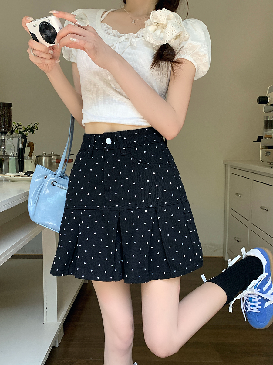 Real shot of 2025 spring temperament versatile polka dot skirt for women niche retro high waist A-line pleated skirt