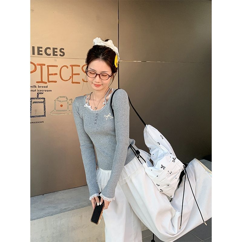 Gray pure lace long-sleeved base top
