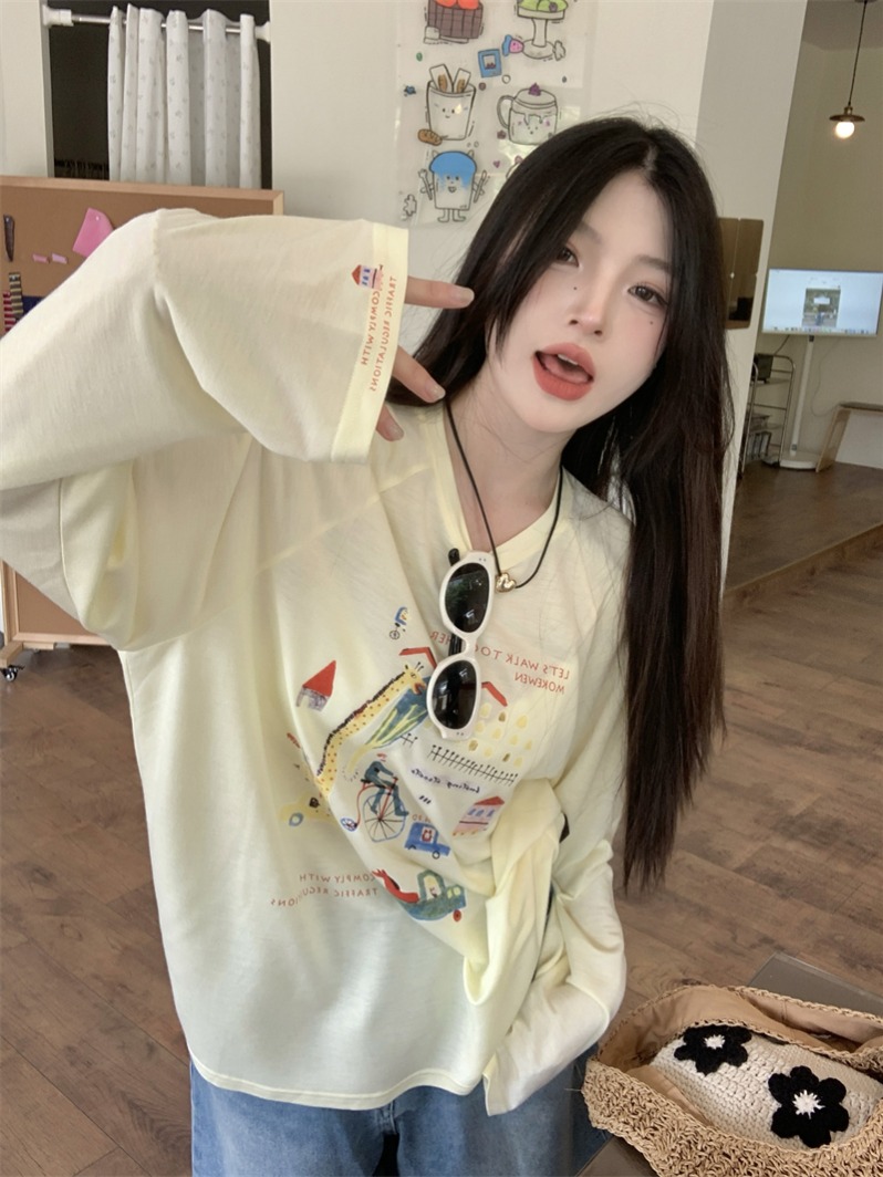 Real photos of summer travel graffiti sunscreen long-sleeved printed T-shirt top