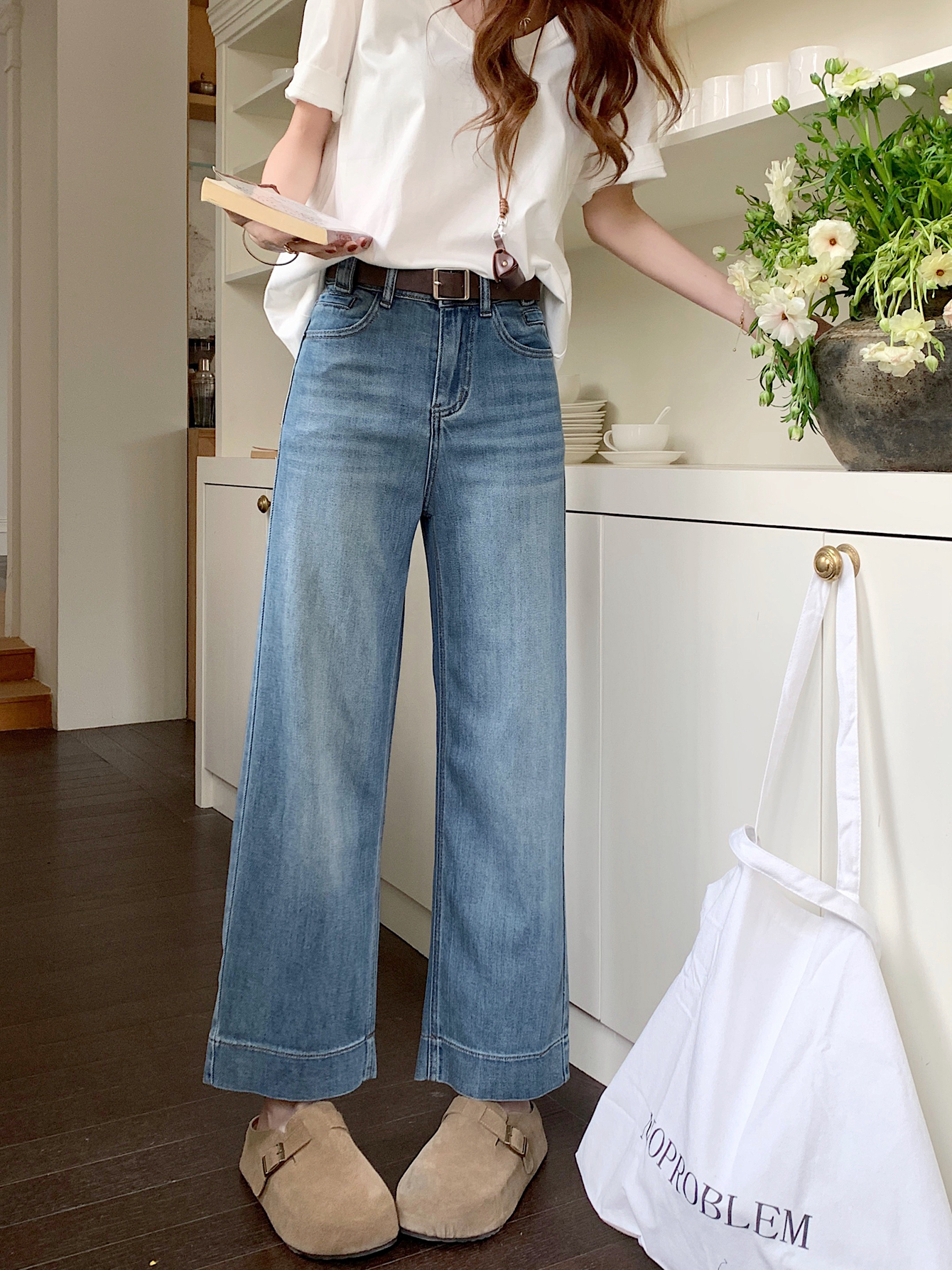 Real shot #high waist straight jeans for women with retro washable loose nine-point trousers