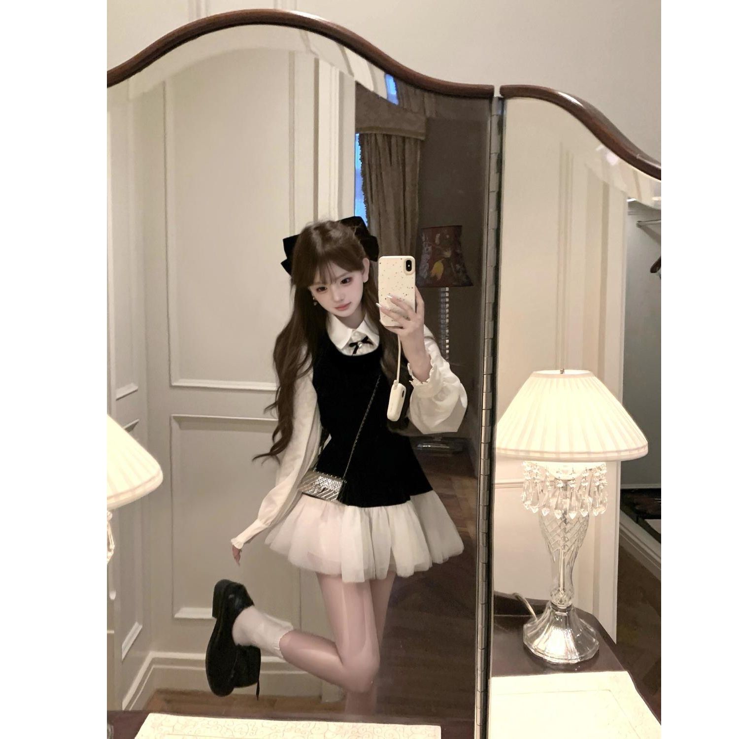 套裝女2025新款韓系學院風絲絨拼接紗網無袖背心連衣裙內搭襯衫