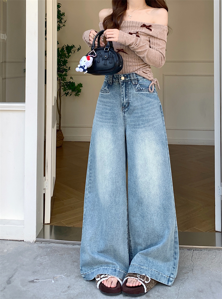 Real shot ~ Retro washing jeans for women with wide-leg straight-leg pants, high-waisted slim, loose and versatile floor-moving trousers