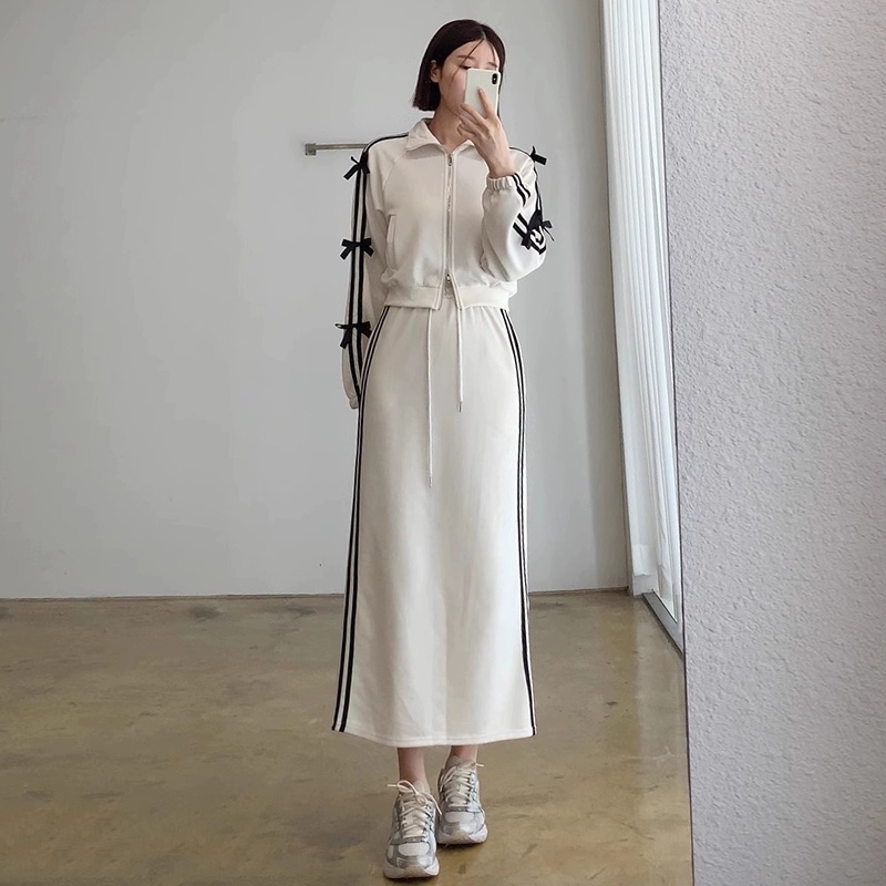 韓國chic秋季小眾減齡蝴蝶結點綴條紋長袖外套+直筒半身裙長裙女