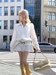 Real shot of new retro sexy waist-hugging slim striped shirt dress A-line skirt for women