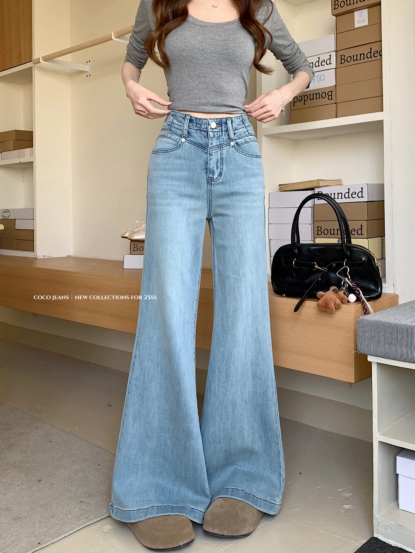 Real shot #high waist straight-tight micro-flare denim trousers for women with slim retro washing wide-leg floor-slim pants