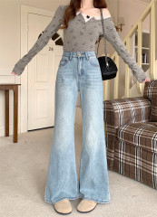 Real shot ~ Spring new retro slightly flare jeans for women with high waist slimming straight wide-leg floor trousers