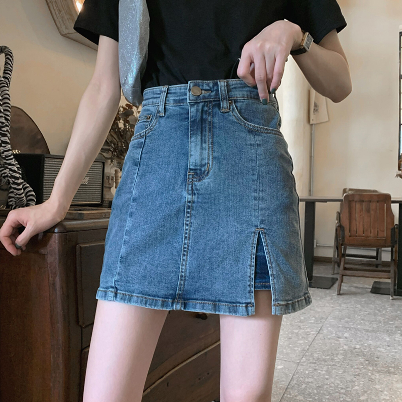 2025 New Side Slit Distressed Wash Denim Skirt High-Waisted Slimming A-Line Denim Semi-Skirt Bustier Pants