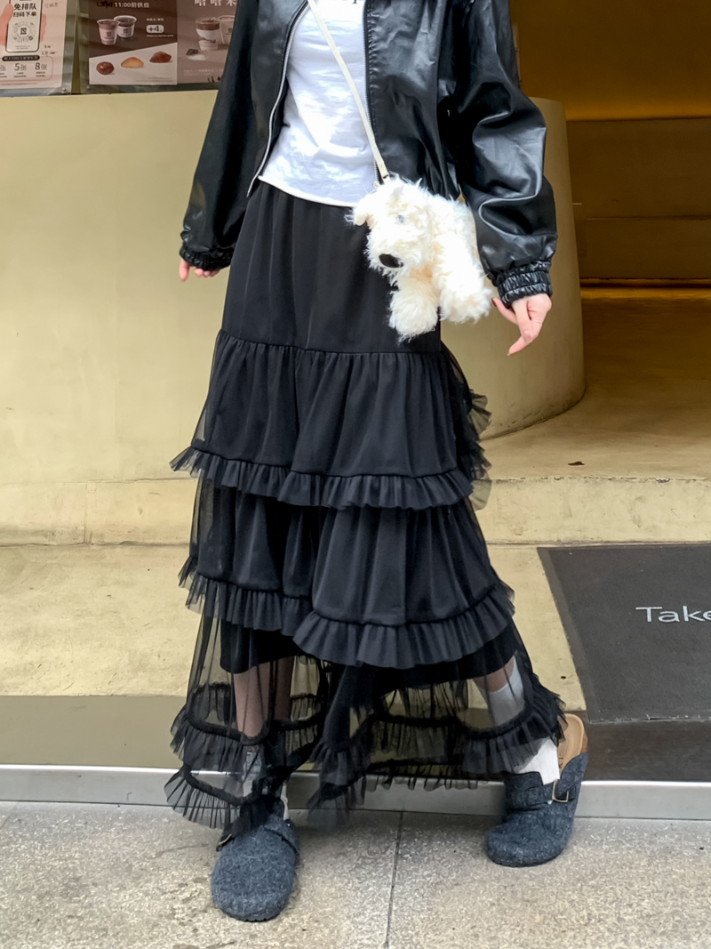 Real shot, layered, slightly transparent mesh skirt for women, spring ballet style, high waist cake skirt, slim A-line skirt