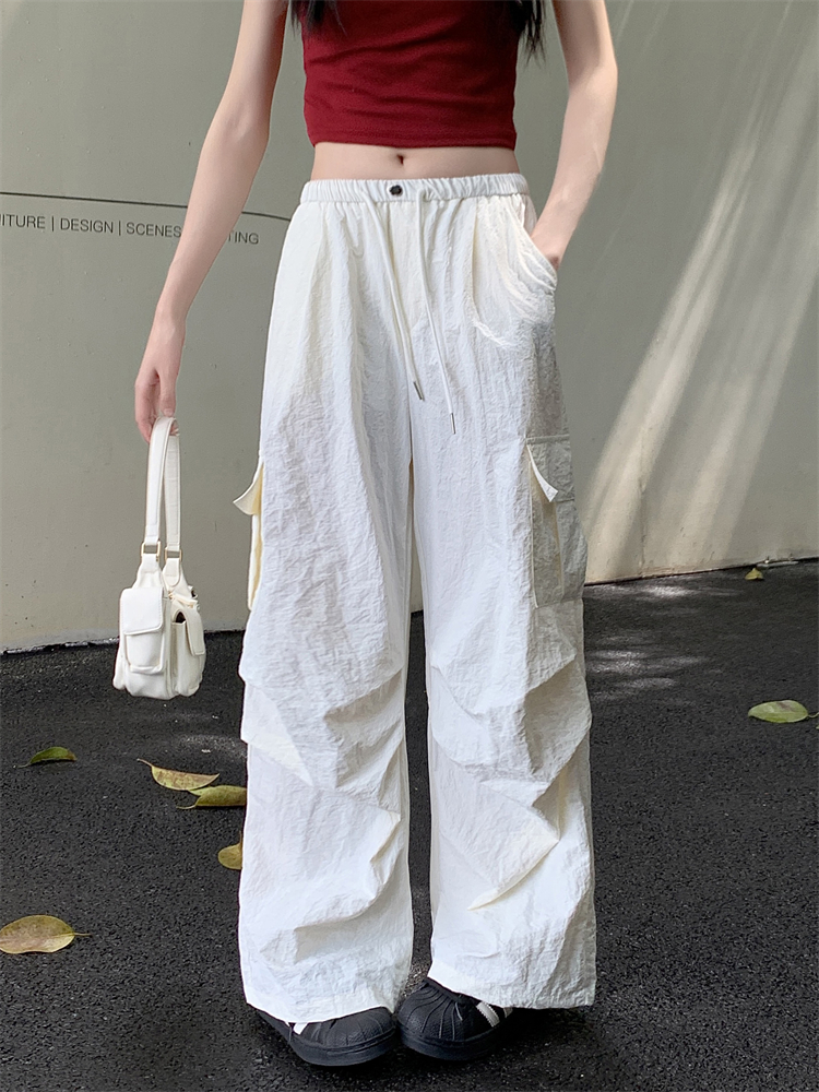 Real shot ~ American straight-leg work pants for women white high waist wide-leg hot girl casual drawstring parachute pants