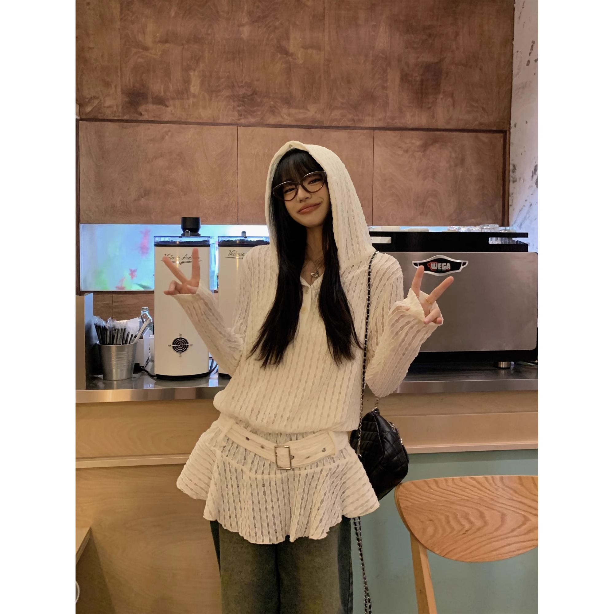 kumikumi casual gentle style long-sleeved hooded hollow sweater women spring loose slim beige top