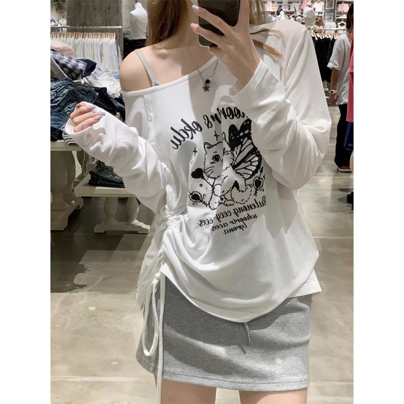 外貿韓版原版面料貓咪印花露肩T恤女寬鬆防曬罩衫抽繩上衣