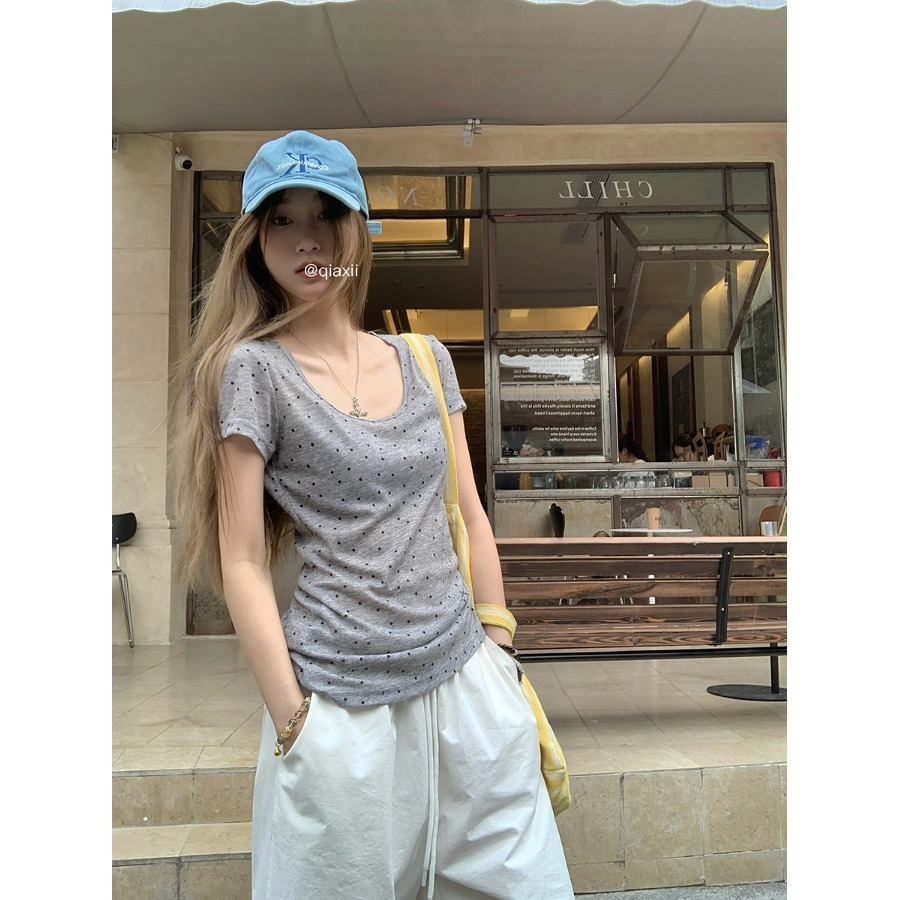 外貿原版薄款U領波點t恤女夏季新款灰色復古正肩短袖絕美上衣